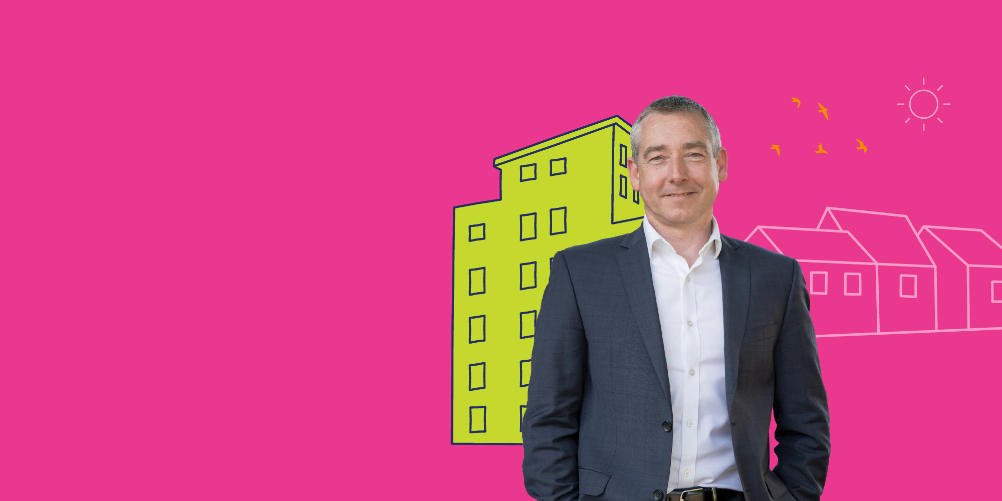 Photograph of Phil Andrew, Orbit CEO. In the background is an animated property.