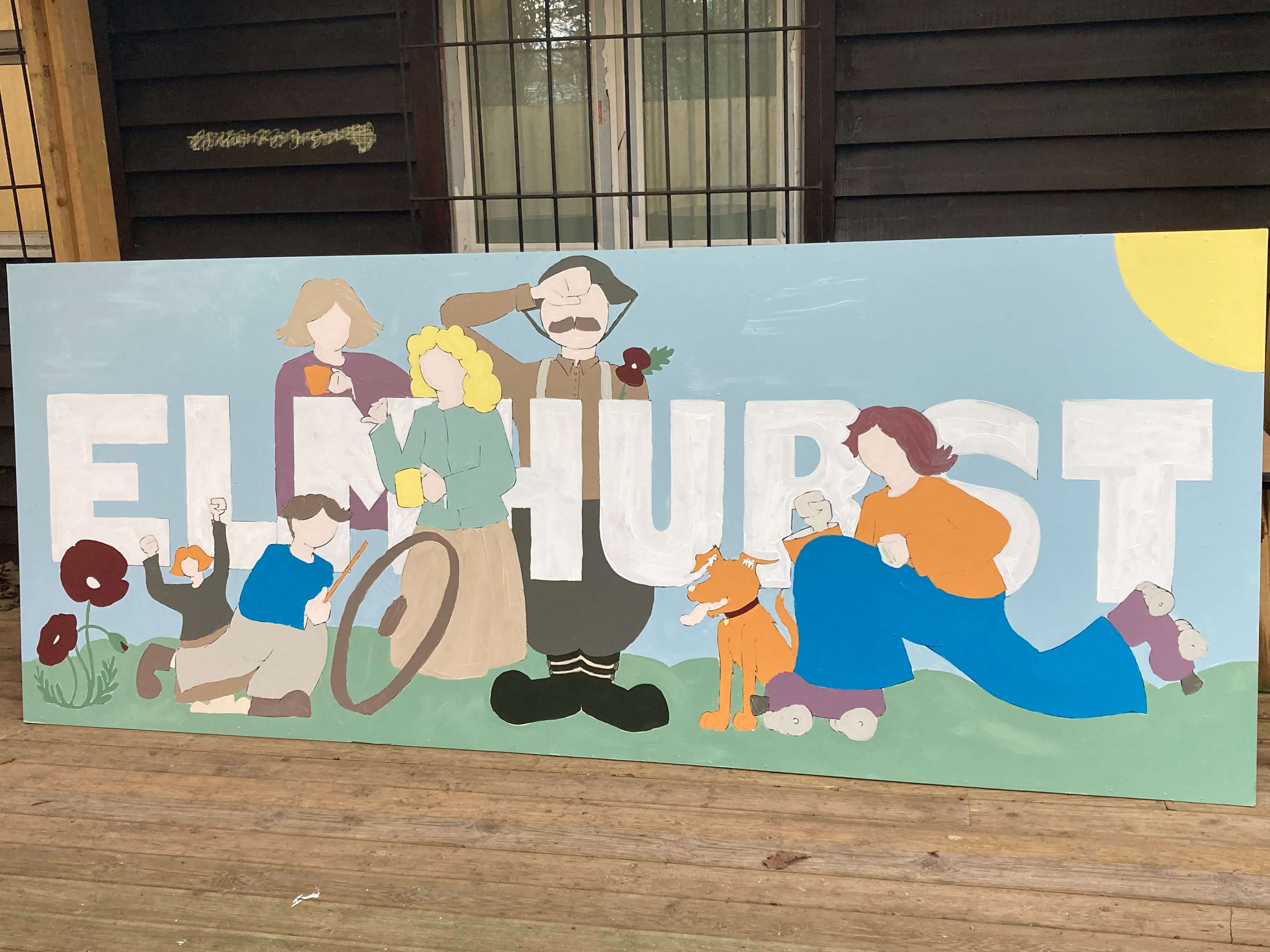 mural artwork of adults and children with a dog