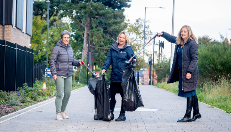 Claudia (left) and Becky (right) from Rubbish Friends with Cheryl Flavell, Placemaking & Partnerships Manager at Orbit. Claudia (left) and Becky (right) from Rubbish Friends with Cheryl Flavell, Placemaking & Partnerships Manager at Orbit.